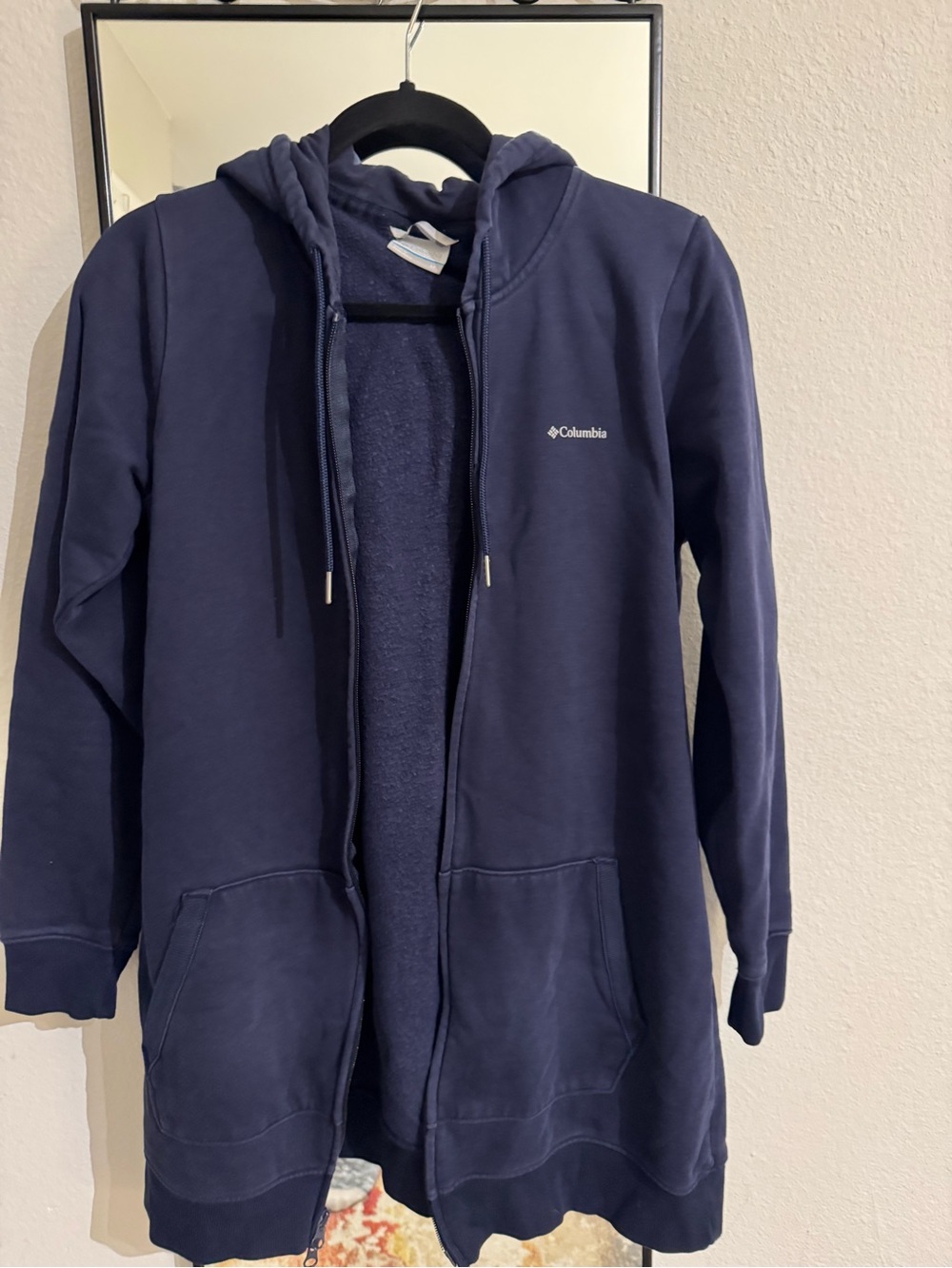 Columbia Women’s Navy Longline Hooded Jacket Two-Way Zip 100% cotton